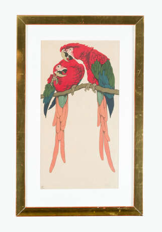 Fritz Lang(1877-1961)-GraphicTwo parrots, collour etching on paper, signed, monogramm, framed - Foto 1