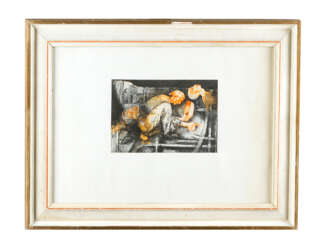 Artist 20.century, workers, black ink and colour pen on paper, framed