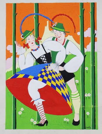 Austrian school first half 20.century, alpine couple, mixed techniques on paper signed - Foto 1