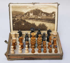 Salzburg chess set, wooden players, mounted in box with photo of the town Salzburg 