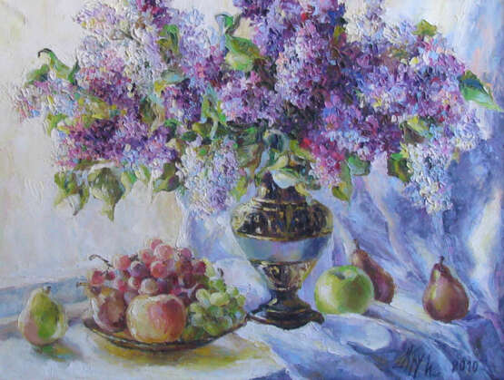 “A bouquet of lilacs on the window” Canvas Oil paint Impressionist Still life 2010 - photo 1