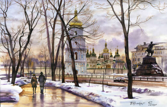 “St. Sophia square. February.” Paper Watercolor Realist Landscape painting 2018 - photo 1