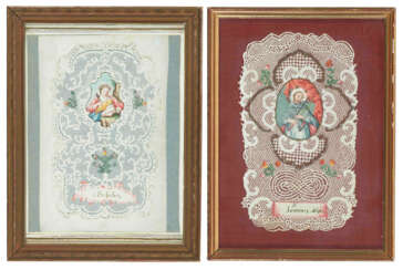 2 Spitzenbilder "Hl. Johannes von Nepomuk"/"Hl. Rosalia"