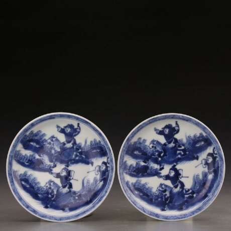 A pair of Kangxi blue and white porcelain hunting plates in the Qing Dynasty - Foto 1