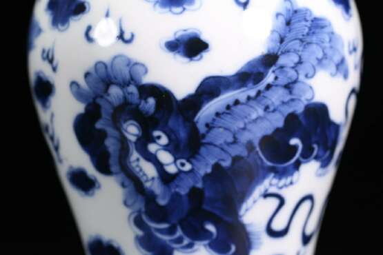 Qing Dynasty Blue and White Porcelain Double Lion Ornamental Bottle - Foto 8