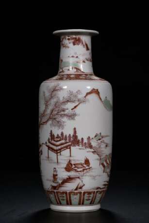 Ming Dynasty red and green color landscape character bottle - фото 1