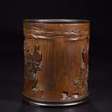 Qing Dynasty Landscape character Bamboo carving Pen container - photo 4