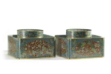 A pair of large Chinese cloisonne enamel ink pots