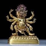 18th century Tibetan copper gilt six-armed black sky Buddha statue - photo 4