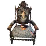 Unique and Large Carved Oak Armchair in Modern Fabric in the Style of Louis XIII Oak and fabric Louis XIII - Renaissance 19th century - photo 1