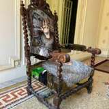 Unique and Large Carved Oak Armchair in Modern Fabric in the Style of Louis XIII Oak and fabric Louis XIII - Renaissance 19th century - photo 2