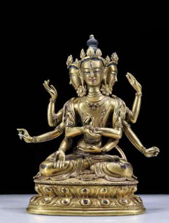 17th century Tibetan Buddhism copper gilt three-sided eight-armed Buddha statue - photo 1
