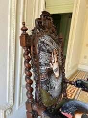 Unique and Large Carved Oak Armchair in Modern Fabric in the Style of Louis XIII