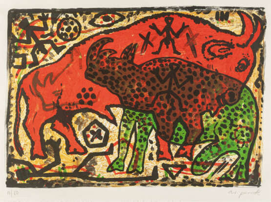 A. R. Penck (Ralf Winkler). 2 Bll.: Ohne Titel (Stier und Nashorn) – Ich als Frau - photo 1 A. R. Penck (Ralf Winkler). 2 Bll.: Ohne Titel (Stier und Nashorn) – Ich als Frau - photo 1
