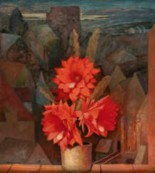 Franz Xaver Unterseher. Fensterbrett mit rot blühendem Kaktus vor Dachlandschaft