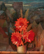 Übersicht. Franz Xaver Unterseher. Fensterbrett mit rot blühendem Kaktus vor Dachlandschaft