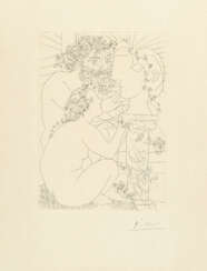 Pablo Picasso. Sculpteur, modèle accroupi et tête sculptée