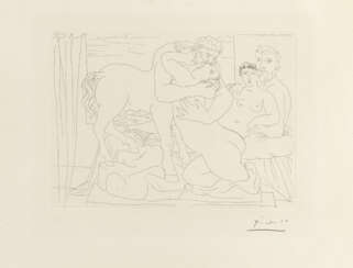 Pablo Picasso. Sculpteur et son modèle avec un groupe sculpté représentant un centaure embrassant une femme