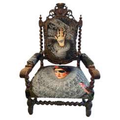 Unique and Large Carved Oak Armchair in Modern Fabric in the Style of Louis XIII