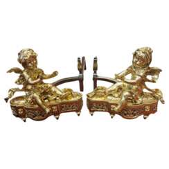 19th Century Pair of Putti Andirons in Gilt Bronze