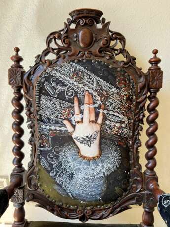 Unique and Large Carved Oak Armchair in Modern Fabric in the Style of Louis XIII Oak and fabric Louis XIII - Renaissance 19th century - Foto 5 Unique and Large Carved Oak Armchair in Modern Fabric in the Style of Louis XIII Oak and fabric Louis XIII - Renaissance 19th century - Foto 5