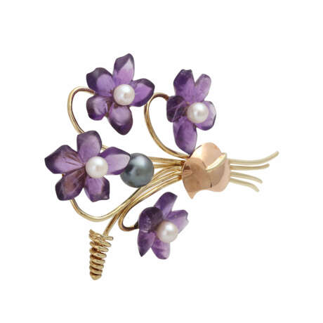 Brosche "Blumenstrauß", besetzt mit Amethysten blütenförmig geschnitzt und 5 Zuchtperlen. - фото 2