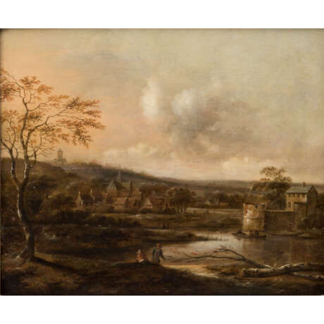 MOLENAER, KLAES (c.1630-c.1676) "Rast am Ufer eines Kanals in einem holländischen Dorf" - Foto 1