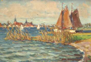 Lang-Wollin, Otto (1881 Kassel-1958 San Remo) "Blick auf Wollin", Öl/ Karton, sign. u.r., kl. Farbverluste und Fleckchen, 36x50,5 cm, Rahmen