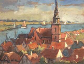 Lang-Wollin, Otto (1881 Kassel-1958 San Remo) "Stadtansicht von Wollin", Gouache, sign. u.l., Blatt etwas wellig, 27x36 cm, hinter Glas und Rahmen