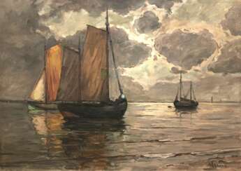 "Segelboote im offenem Meer", Öl/ Lw., undeutl. sign. u.r., 75x105 cm, Rahmen