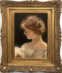 Gussow, Carl (1843 Havelberg-1907 München) "Porträt eines jungen Mädchens", Öl/ Holz, sign. o.r. und dat. 1887, 32,5x24 cm, Rahmen (Landschafts- und Porträtmaler, studierte ab 1860 an der Kunstschule Weimar bei…