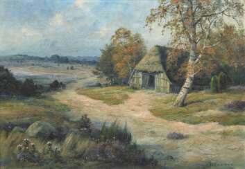 Fokken, Jan (1881 Bremen-1960 ebenda) "Reetdachkate im Worpsweder Moor", Öl/ Lw., sign. u.r., 50x70 cm, Rahmen