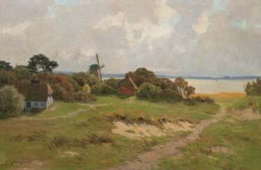 Müller-Kaempff, Paul (1861 Oldenburg-1941 Berlin) "Ahrenshoop-Blick zum Bodden mit Reetdachhäusern und Mühle", Öl/ Lw., sign. u.l., 82x120 cm, Rahmen (Landschaftsmaler, Begründer der Ahrenshooper Künstlerkoloni…