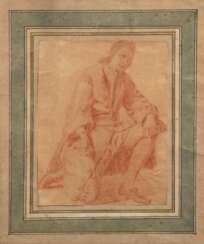 Altmeister-Rötelzeichnung "Kniender Herr", alte Zuschreibung an Adam Franz van den Meulen (1632-1690), wohl Niederlande 17. Jh., min. Riß u.l., 19x15 cm, hinter Glas und Rahmen