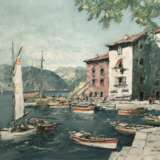 Hellmeier, Otto (1908 Weilheim-1996 ebenda) "Porto di Brenzone Gardasee", Öl/ Lw., sign. u.r., rückseitig auf Lw. bez., 71x80,5 cm, Rahmen - Foto 1