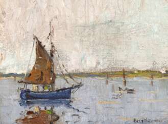 "Fischerboot", Öl/ Lw., undeutl. sign. u.r., 25,5x32,5 cm, Rahmen