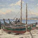 "Boote am Strand", Öl/ Karton, undeutl. sign. und dat. u.l., 35x45 cm, Rahmen - photo 1