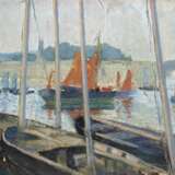 "Boote auf dem See", Öl/ Hartfaser, unsign., an den Ecken Farbverluste, 26x34,5 cm, hinter Glas und Rahmen - photo 1