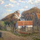 "Ländliche Szene mit Gehöft und Personen", Öl/ Lw., wohl Umkreis Theo von Brockhusen, rückseitig auf Keilrahmen bez., 1 kl. Hinterlegung, 71,5x90 cm, Rahmen - Foto 1