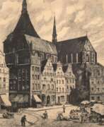 Graphiques de livres et de magazines. "Rostocker Markt mit Marienkirche", Radierung, bez. u.l., undeutl. sign. u.r., Blatt gebräunt und Knickspur im oberen Bereich, 27x18,5 cm, im Passepartout hinter Glas und Rahmen