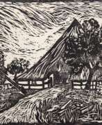 Graphiques de livres et de magazines. Kohrt, Eckhard (1922 Stettin-2013 Schwerin) zugeschr. "Reetdachkaten mit Ziehbrunnen", Linolschnitt, unsign., 22x30 cm, hinter Glas und Rahmen