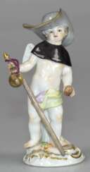 Meissen-Figur "Putto als Pilger", polychrom bemalt mit Goldstaffage, blaue Schwertermarke, 1. Wahl, H. 10,3 cm