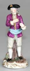 Meissen-Figur "Eleganter Herr", 18. Jh., polychrom bemalt mit Goldstaffage, blaue Schwertermarke mit Marcolinistern und 2 Punkten darunter, Inhalt der Hand fehlt (wohl Blumen), H. 14 cm
