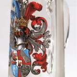 Studentika-Bierseidel, mit Emaillemalerei, Corps Rhenania Straßburg, 0,5 l, mit Widmung von 1905, konischer Korpus z.T. mit Mattschliff, H. 19,5 cm - photo 1