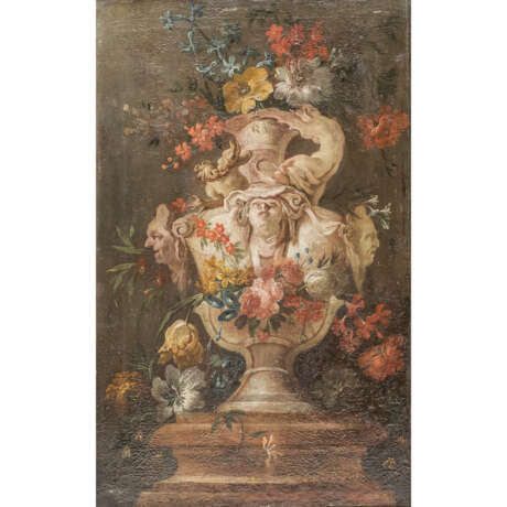 MALER des 17./18. Jahrhundert, "Blumenbouquet in Kratervase mit Maskarons", - фото 1