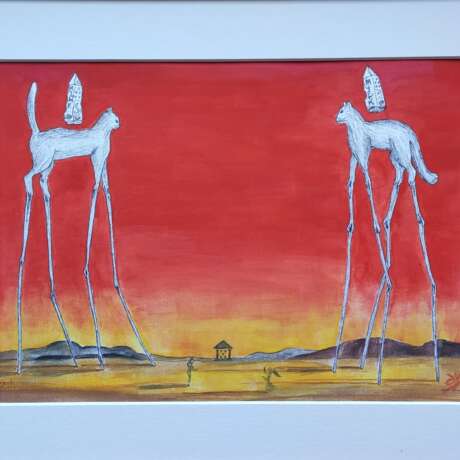 Кот и кошка Paper Gouache Surrealism Landscape painting Russia 2021 - photo 4