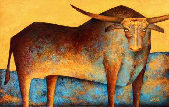 «Le taureau et la rivière» Toile Peinture à l'huile Impressionnisme Animaliste 2019 - photo 1
