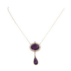 Necklace with oval fac. Amethyst, a delicate enameled double border, white,