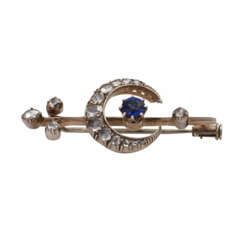 Brooch with half moon, synth. Sapphire and diamonds