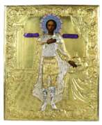 Product catalog. ICON OF SAINT BLESSED PRINCE ALEXANDER NEVSKY IN A SILVER OKLAD WITH ENAMELS. RUSSIA, 1895
